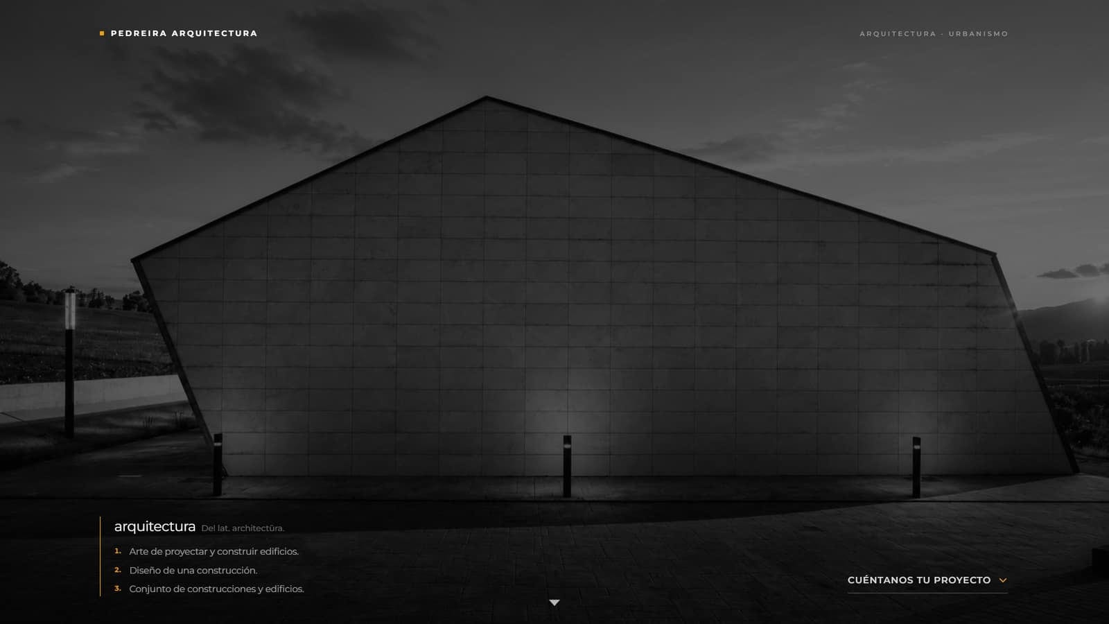 Página de inicio de la web de Pedreira Arquitectura, con fotografía de obra a pantalla completa