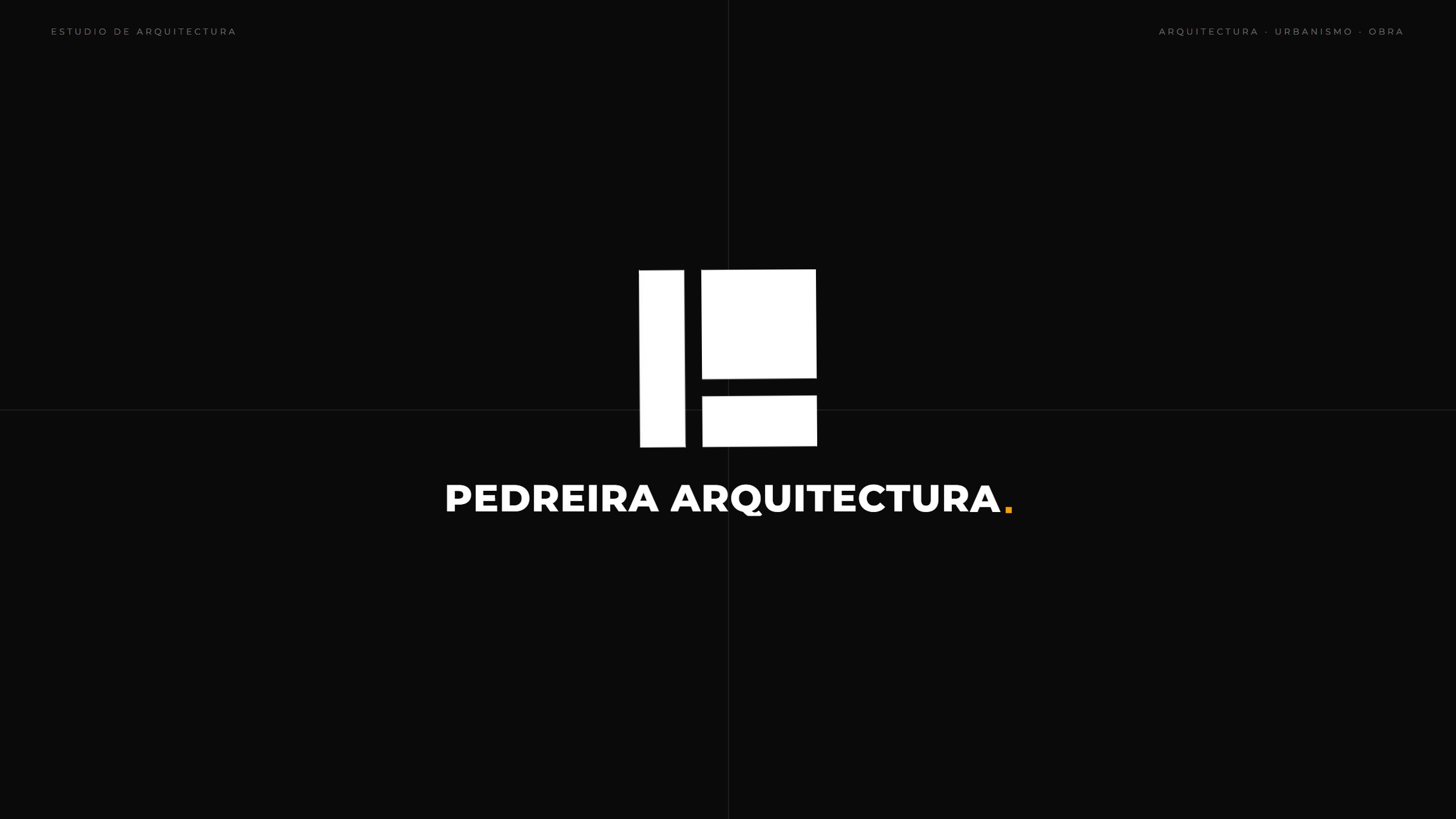 Pantalla de intro de la web: fondo negro, cruz de coordenadas y el logotipo de Pedreira Arquitectura en blanco