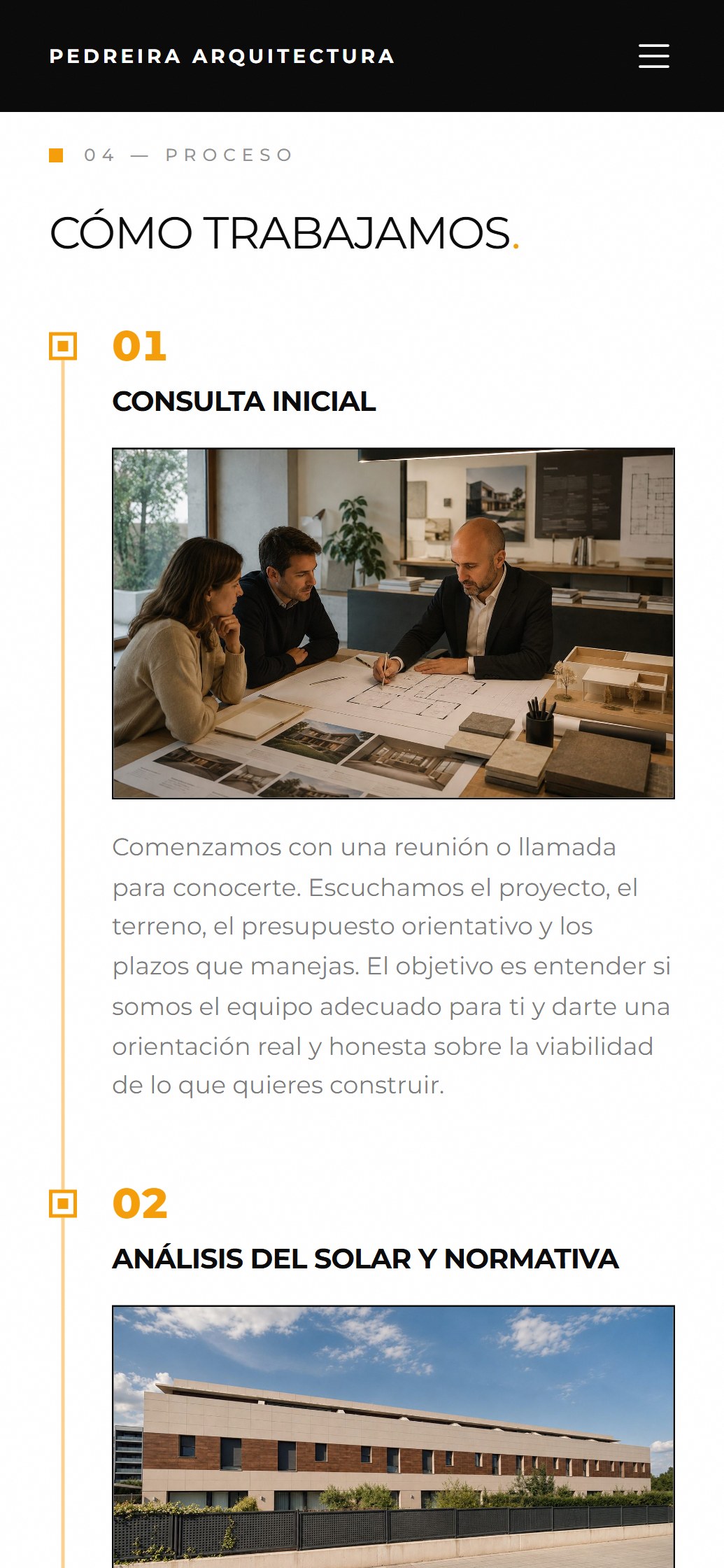 Sección de proceso de la web de Pedreira Arquitectura vista en un teléfono móvil, con los pasos numerados