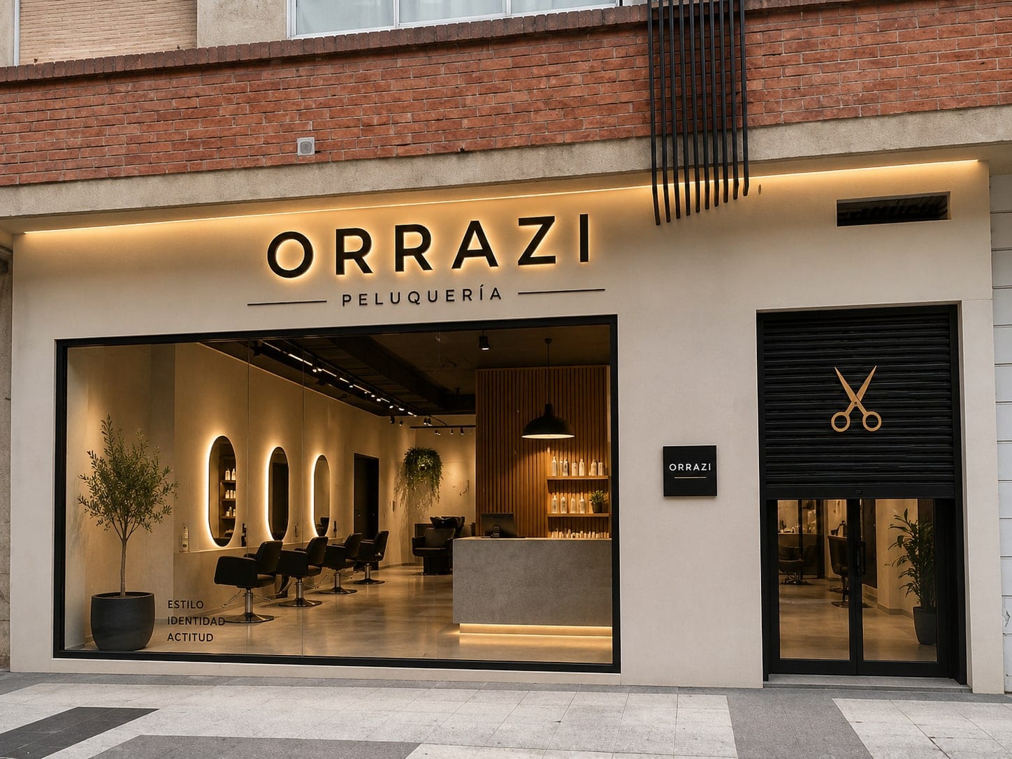 Fachada iluminada de Peluquería Orrazi con el rótulo retroiluminado y el salón visible desde la calle